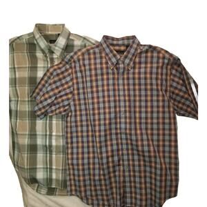 Van Heusen Plaid Button-Down Short Sleeve Shirts - Green & Brown Plaids